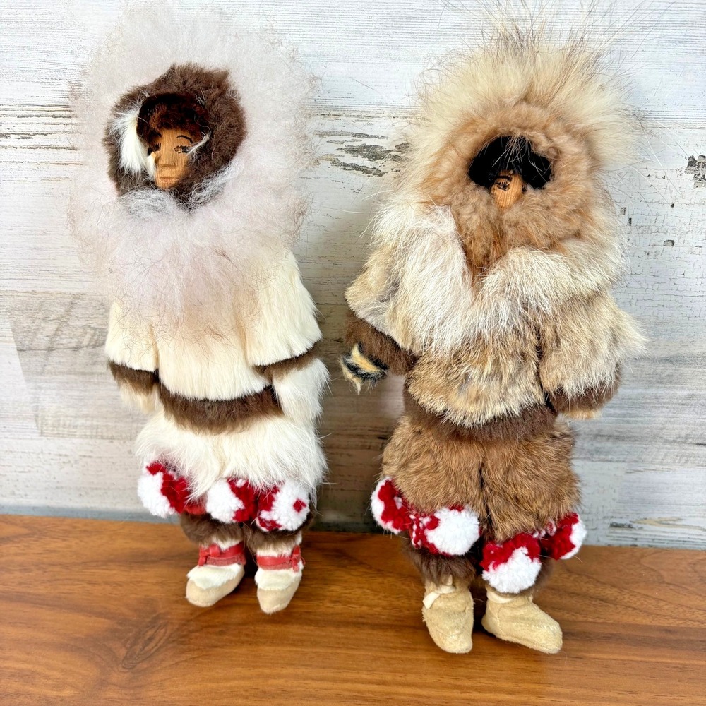 Native American Inuit Eskimo Dolls. Hand Carved Wood Face, Real Fur Qty 2 1950s